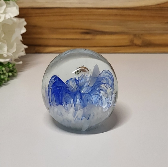 Blown Glass Paperweight - white, cobalt blue and clear glass, Bubble - Picture 4 of 7